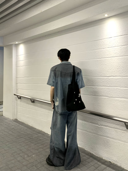 Washed Damage Deconstructed  Denim Jacket &  Damage Wide Leg Denim Jeans Setup WN19814