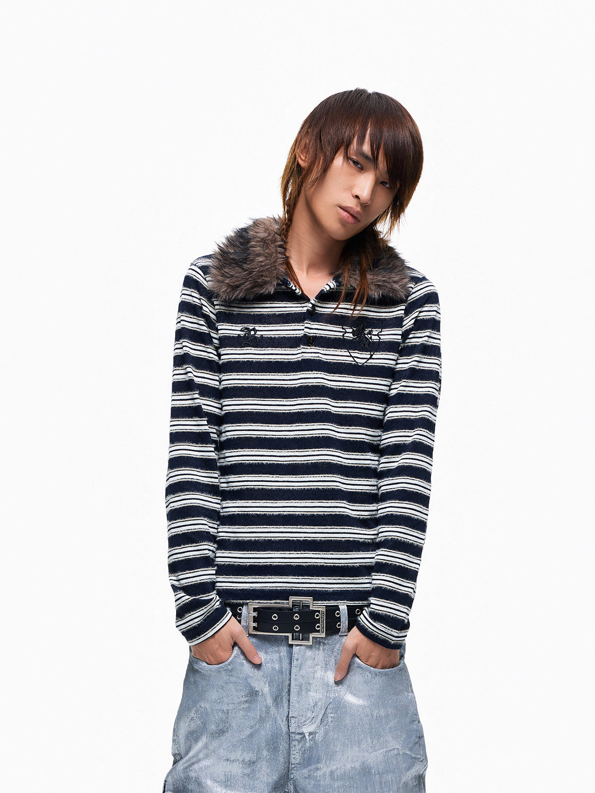 Stripe Detachable Fake Fur Collar Embroidery Long Sleeve T-Shirt WN27357