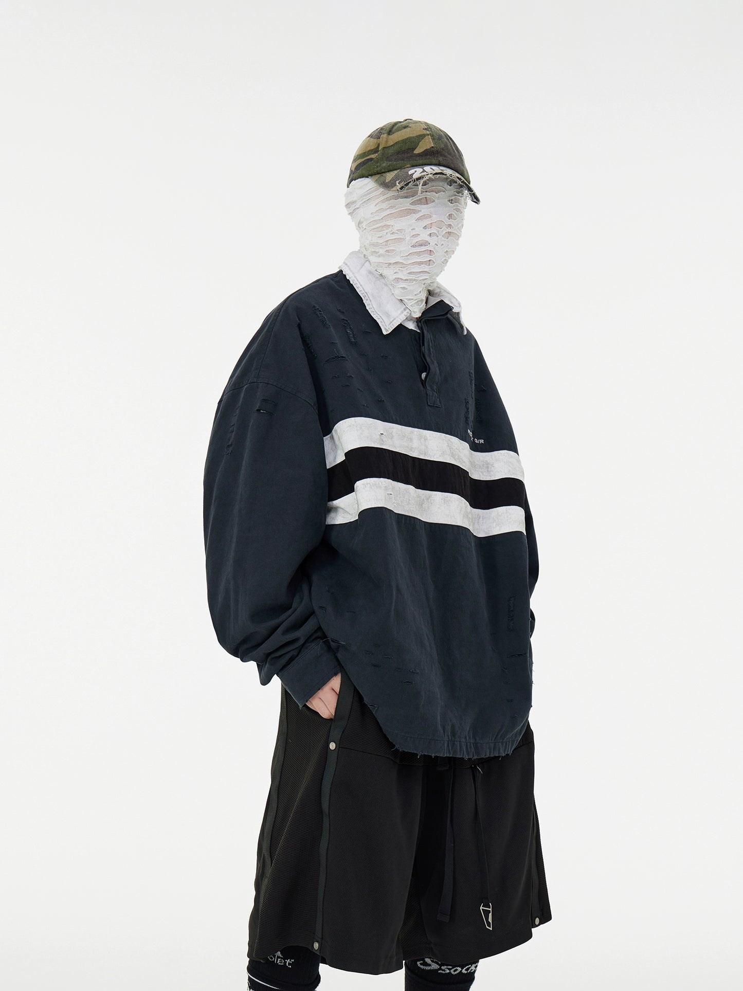 Washed Paint Damage Double Layer Irregular Collar Long Sleeve T-Shirt WN17005