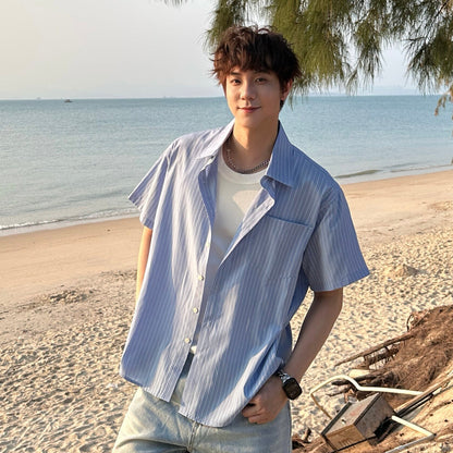 Stripe Pocket Open Collar Short Sleeve Shirt WN25301