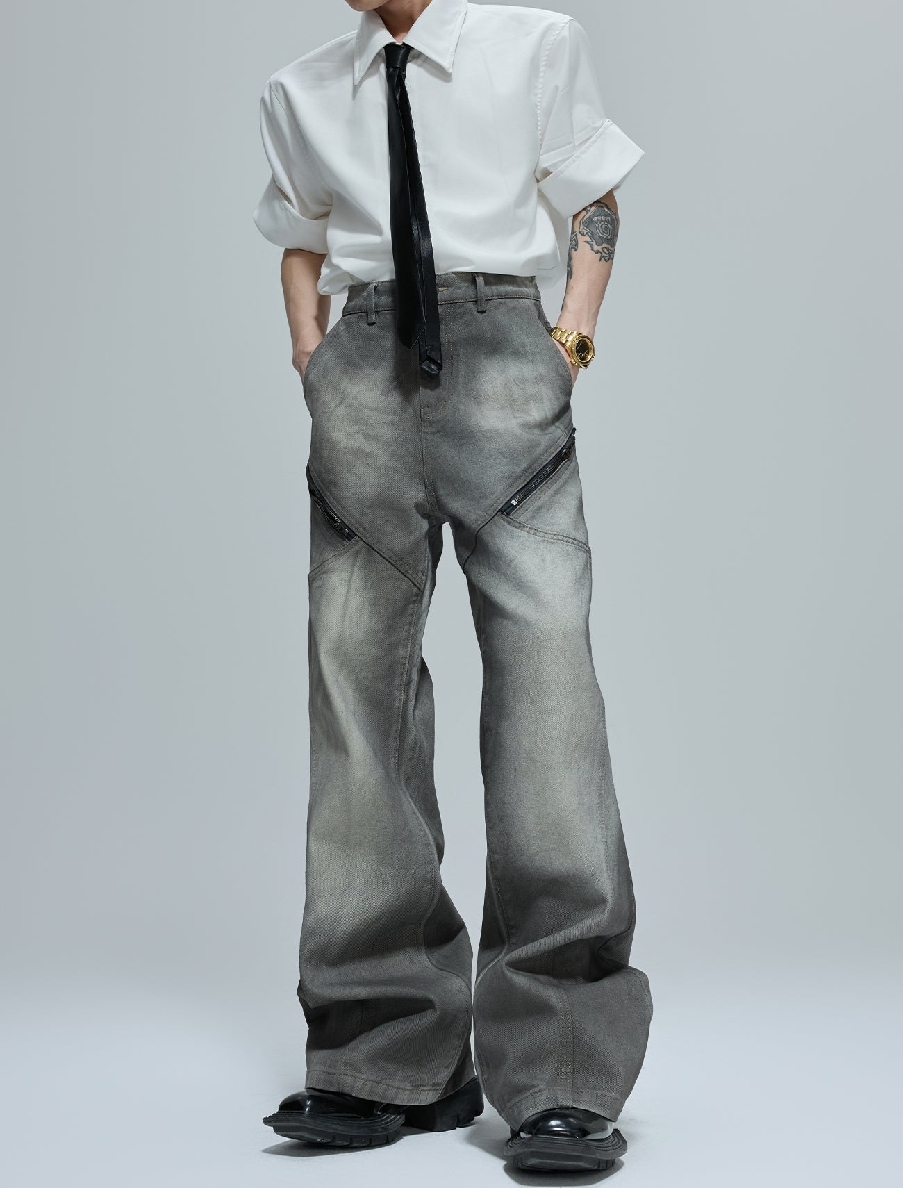 Washed Shoulder-Pad Denim Jacket & Zipper Flare Denim Jeans Setup WN21760