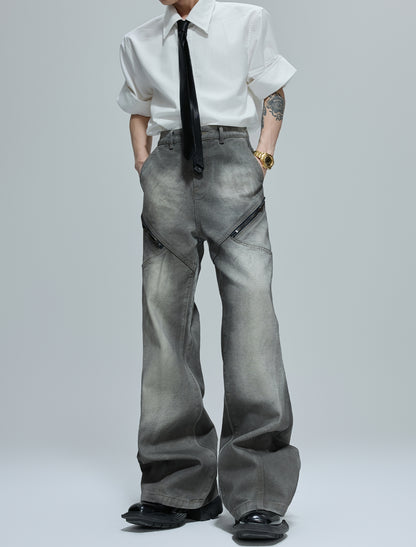 Washed Shoulder-Pad Denim Jacket & Zipper Flare Denim Jeans Setup WN21760