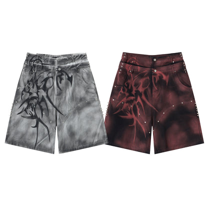 Washed Graffiti Dirty-Dye Denim Half Pants WN25741