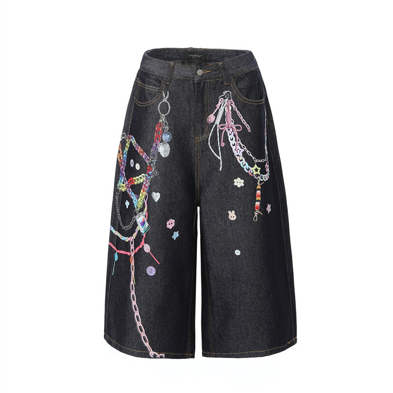 3D Chain Print Wide Leg Half Denim Jeans WN24263