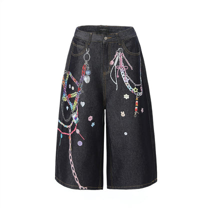 3D Chain Print Wide Leg Half Denim Jeans WN24263
