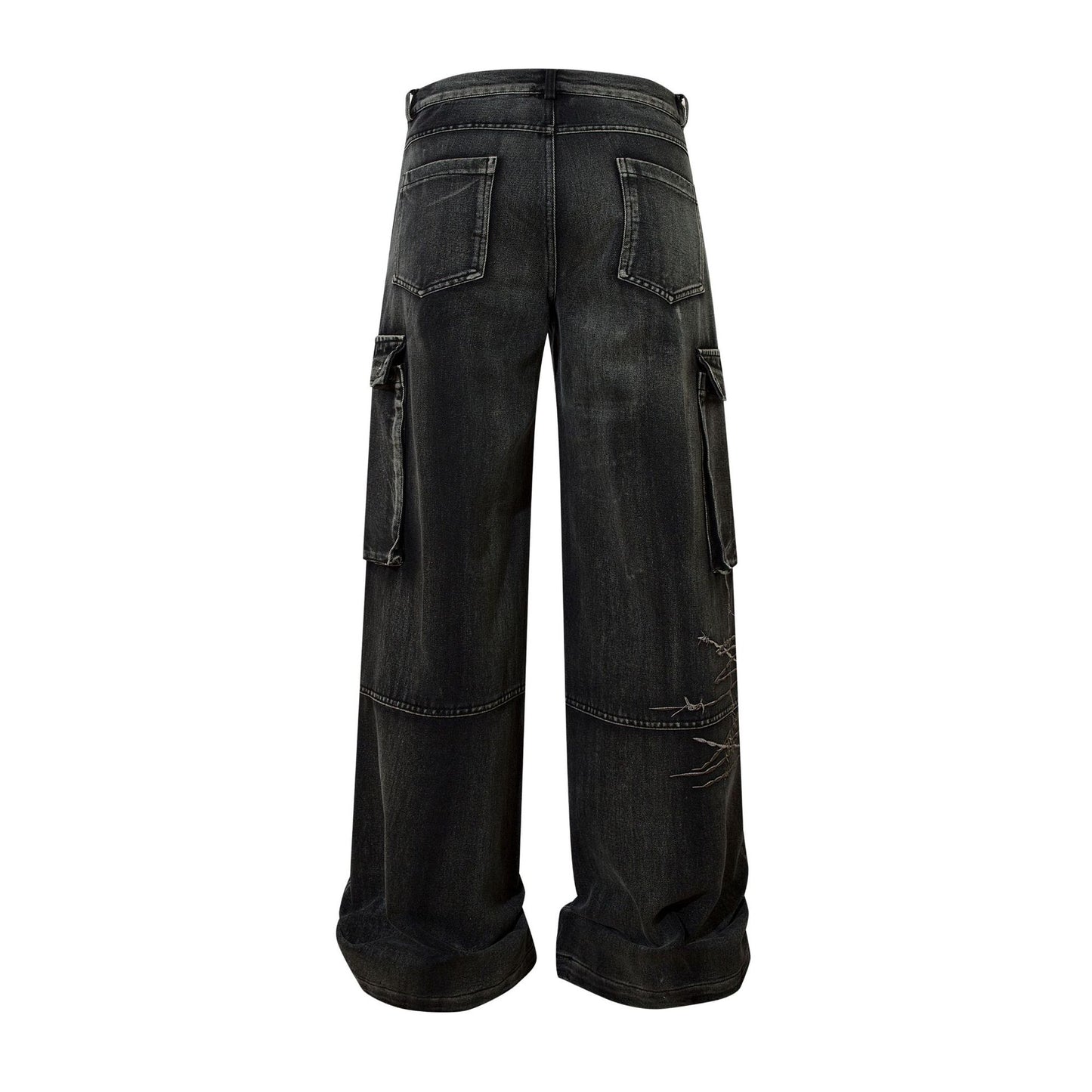 Cargo Pocket Embroidery Wide Leg Denim Jeans WN25718