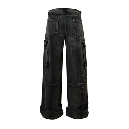 Cargo Pocket Embroidery Wide Leg Denim Jeans WN25718