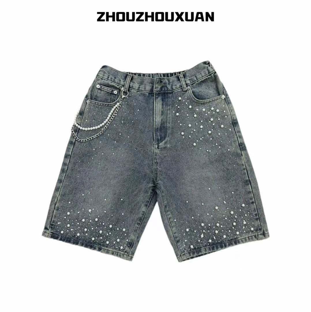 Wash Pearl Chain Short Denim Jeans WN20708