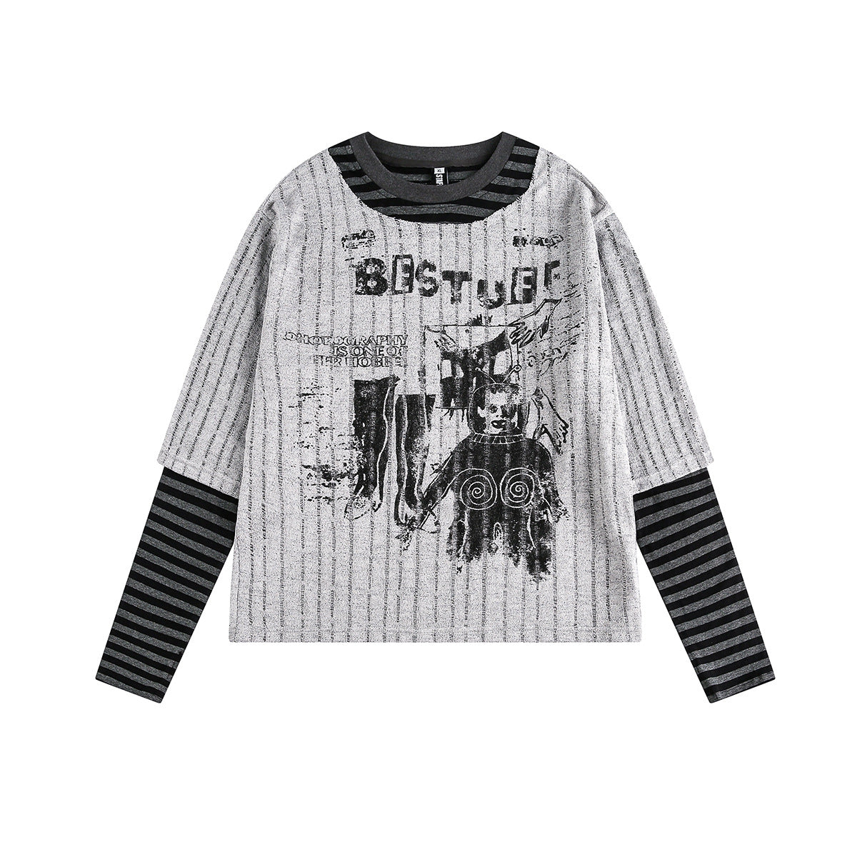 Stripe Fake Layered Graphic Long Sleeve T-Shirt WN25494