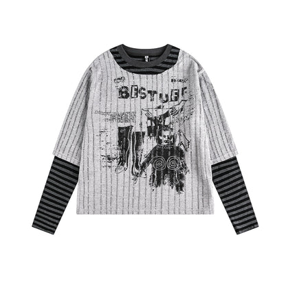 Stripe Fake Layered Graphic Long Sleeve T-Shirt WN25494