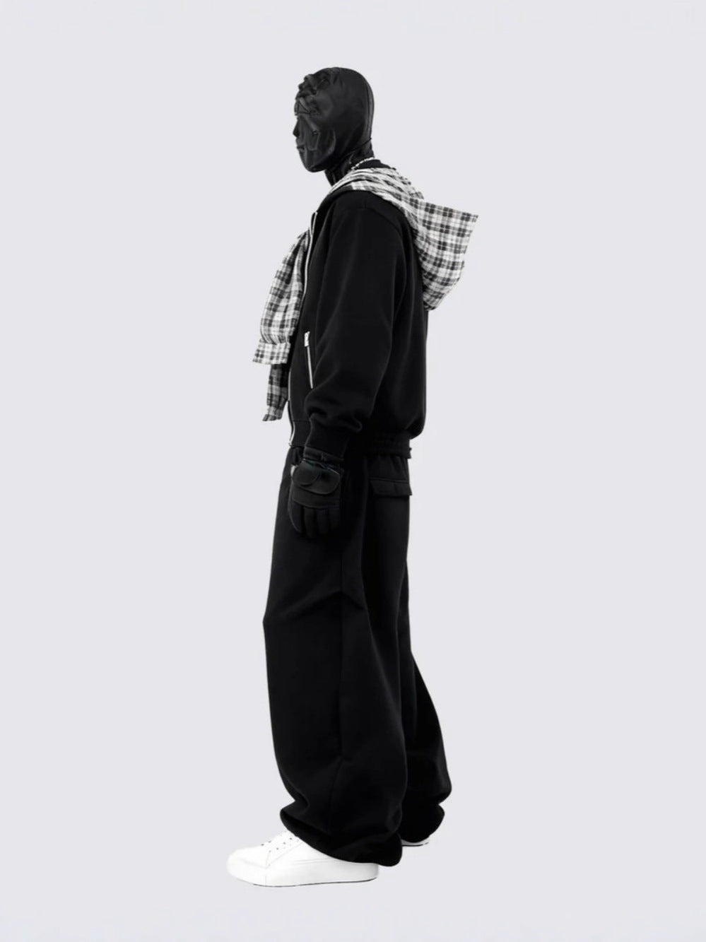 Plaid Scarf Zipper Jacket & Wide Leg Drawstring Pants Setup WN28040