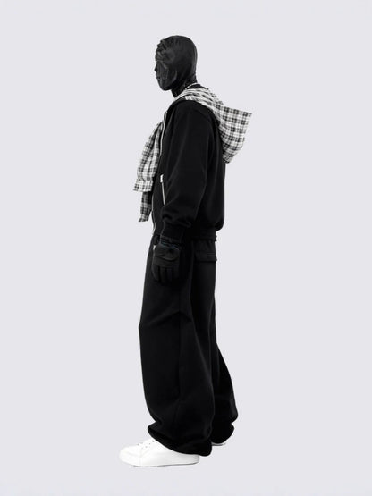 Plaid Scarf Zipper Jacket & Wide Leg Drawstring Pants Setup WN28040