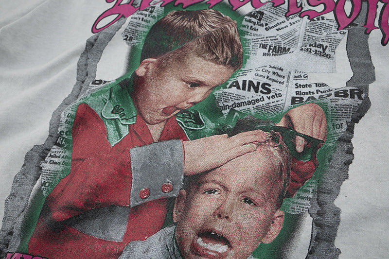 Washed Portrait Letter Print Short Sleeve T-Shirt WN25764