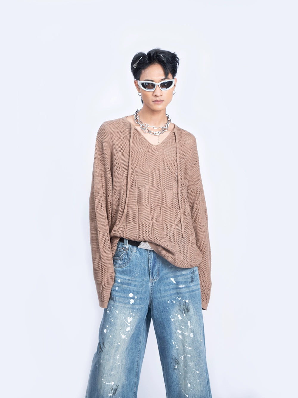 V-Neck Hollow-Out Knit Sweater WN9230