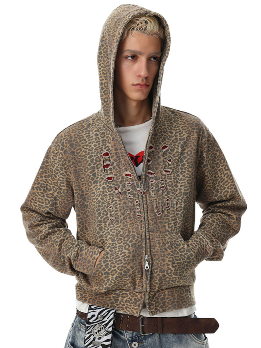 Leopard Cutout Damage Letter Zipper Hoodie WN28110