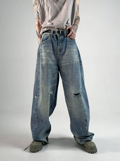 Damage Washed Wide-Leg Straight Denim Jeans WN10589