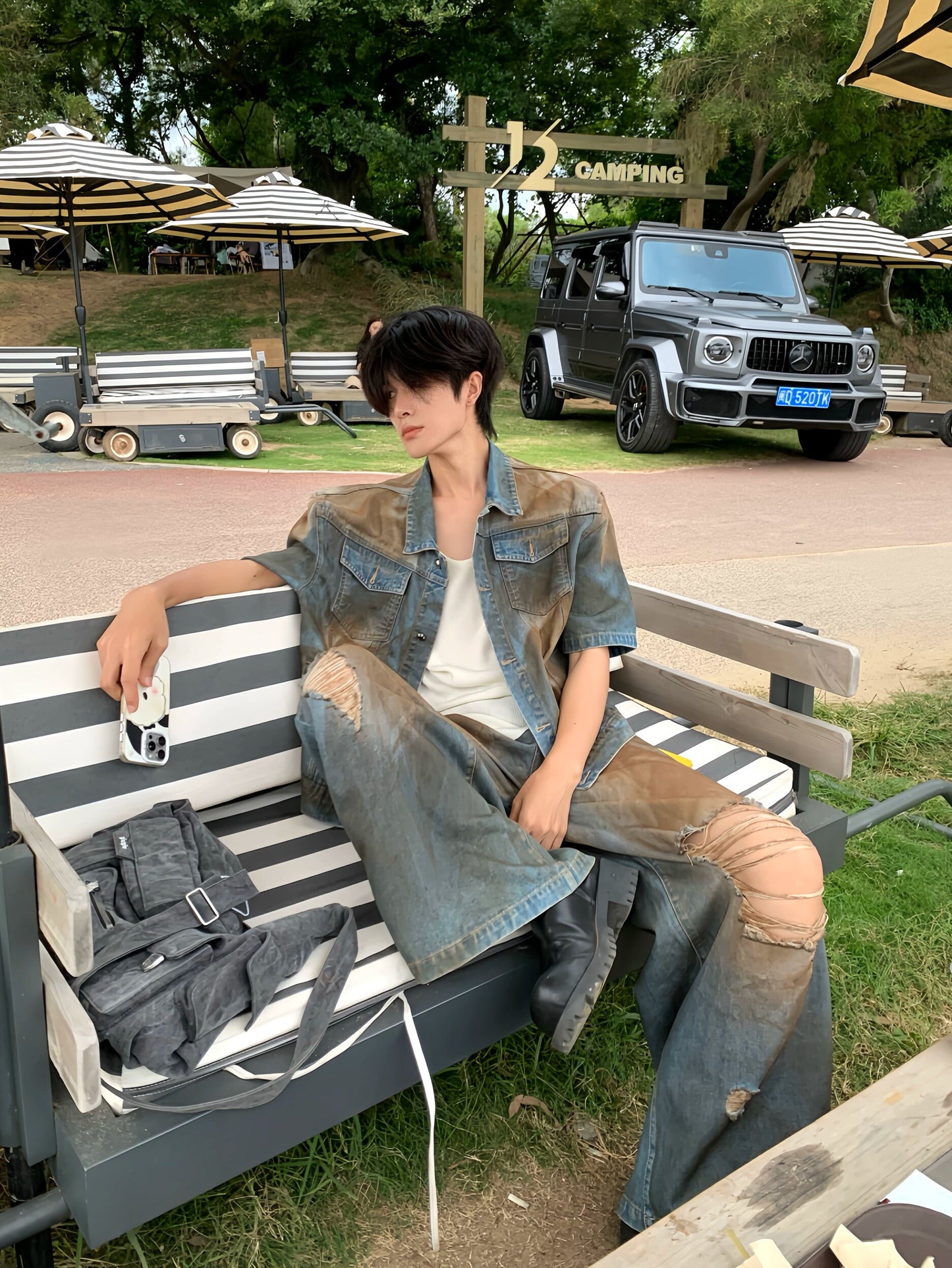 Damage Washed Denim Jacket & Wide Leg Denim Jeans Setup WN19728