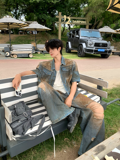 Damage Washed Denim Jacket & Wide Leg Denim Jeans Setup WN19728