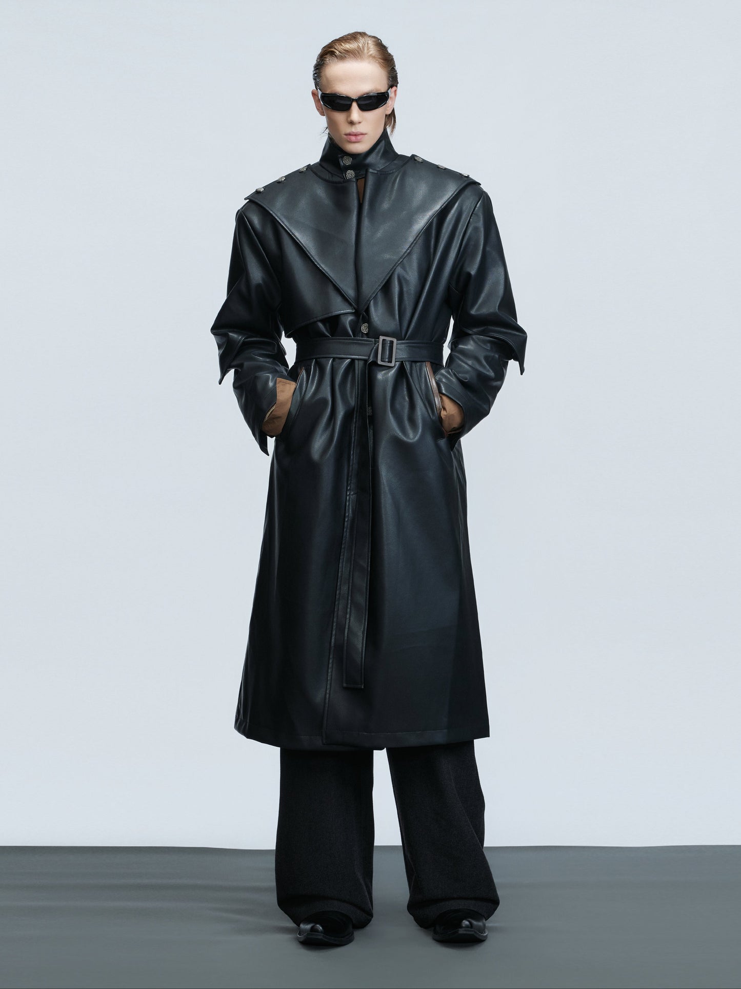 Standing-Collar Belted PU Leather Long Coat WN21748