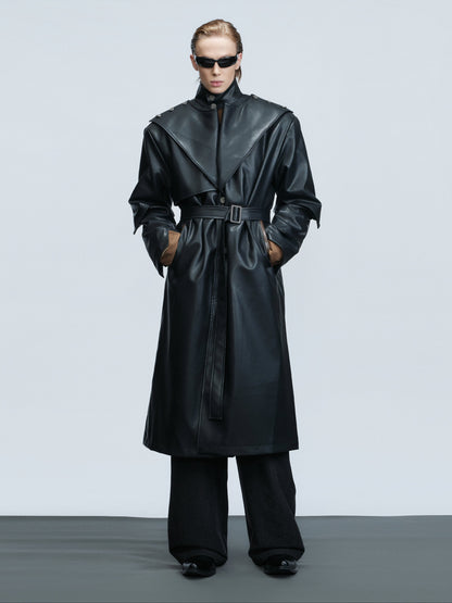 Standing-Collar Belted PU Leather Long Coat WN21748
