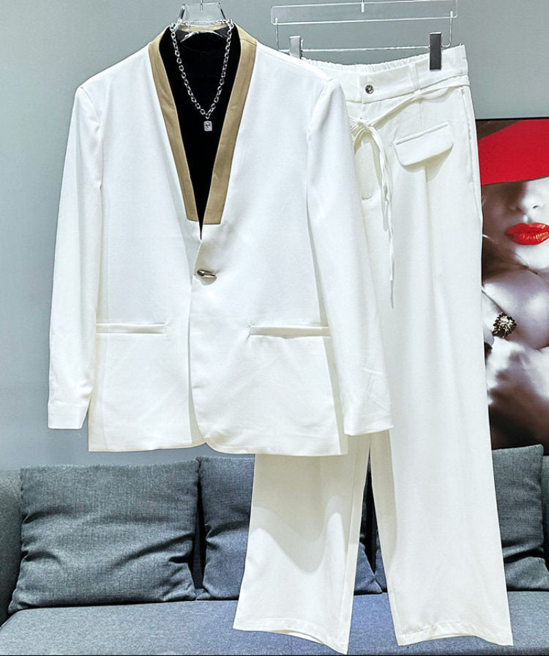 V-Neck Color Block Oversize Tailored Jacket & Straight Trousers Setup WN23919