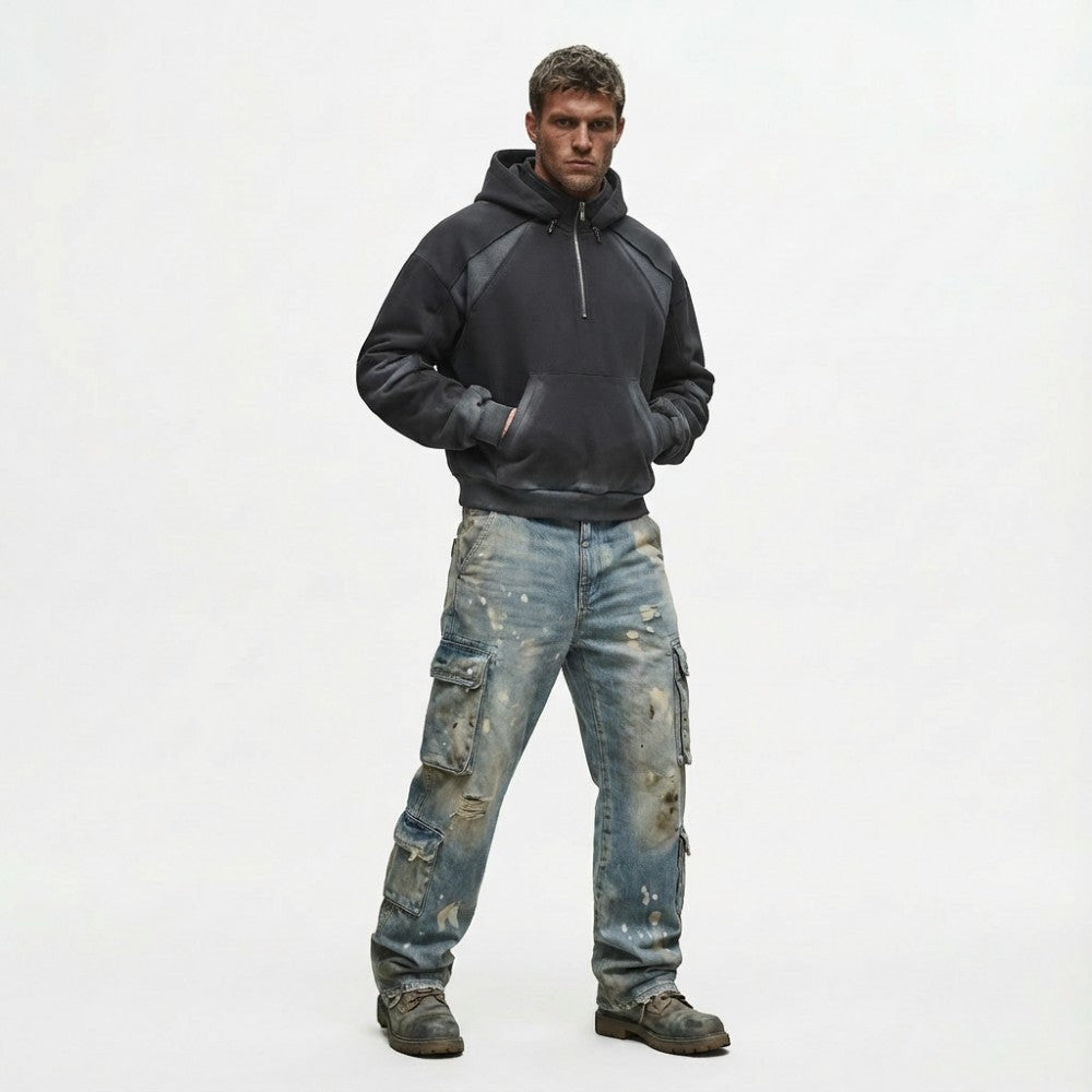 Tie-Dye Contrast Panel Half-Zip Hoodie WN28052