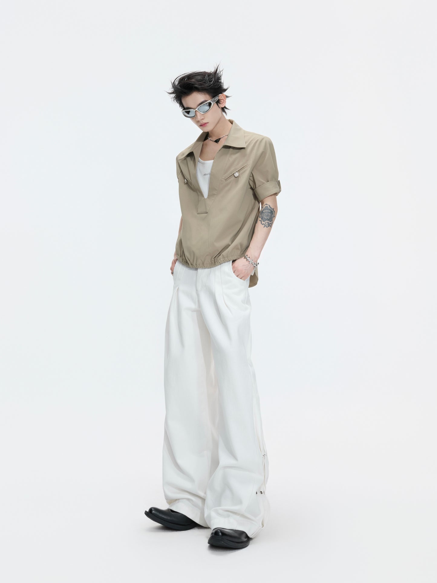 Fake Layered Workwear Elastic Hem Short Sleeve Shirt WN26992