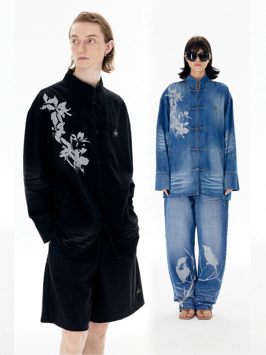 Washed Oversize Chinese Style Denim Shirt WN19036