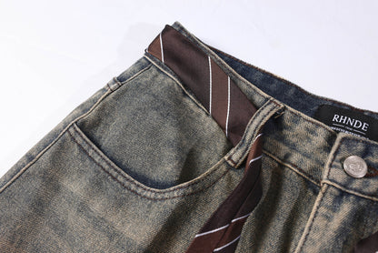 Washed Rose Embroidery Wide Leg Curved Denim Jeans WN25865