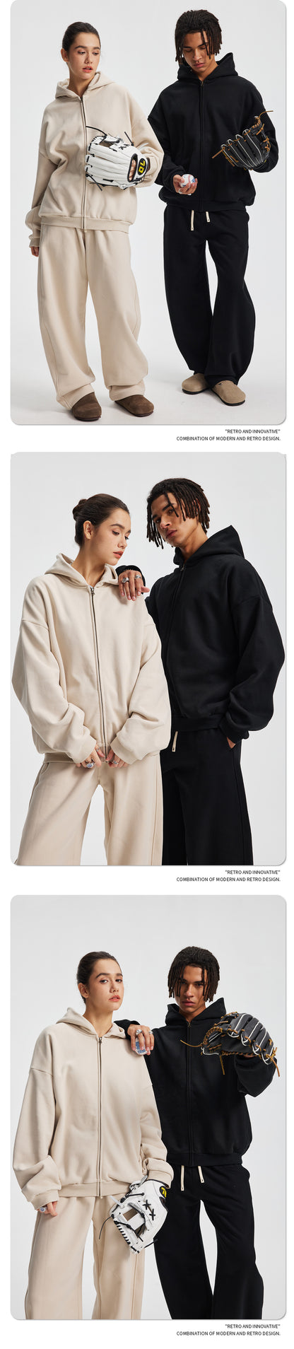 Fleece Lining Side Pocket Zipper Hoodie & Fleece Lining Wide Leg Sweatpants Setup WN23114