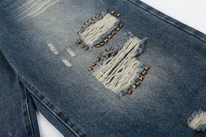Wash Rivet Damage Wide Leg Denim Jeans WN25573