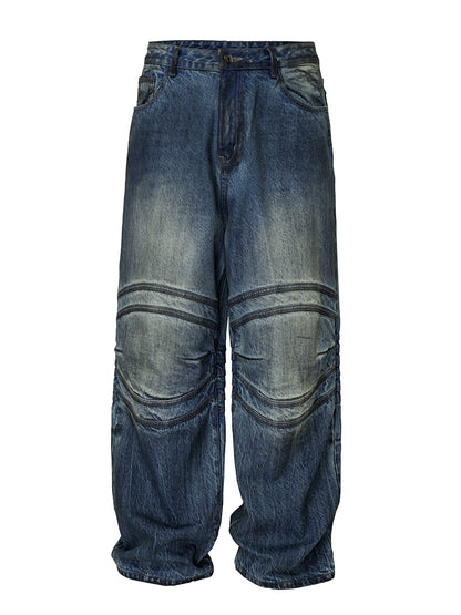 Heavyweight Washed Skeleton-Ruched Wide-Leg Denim Jeans WN12176