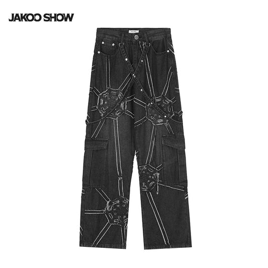 Spider Web Strap Design Washed Cargo Denim Jeans WN12700