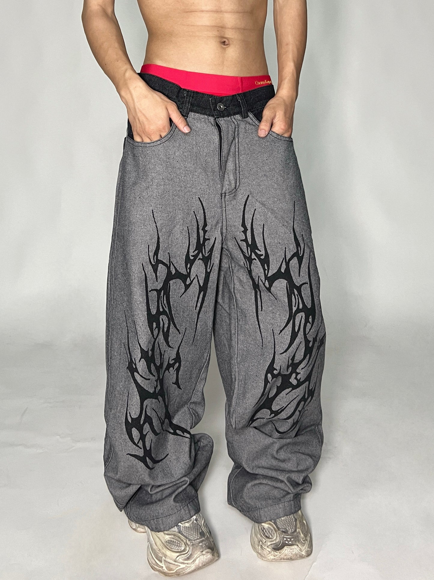 Thorn Spliced Design Wide Leg Straight Denim Jeans WN24092