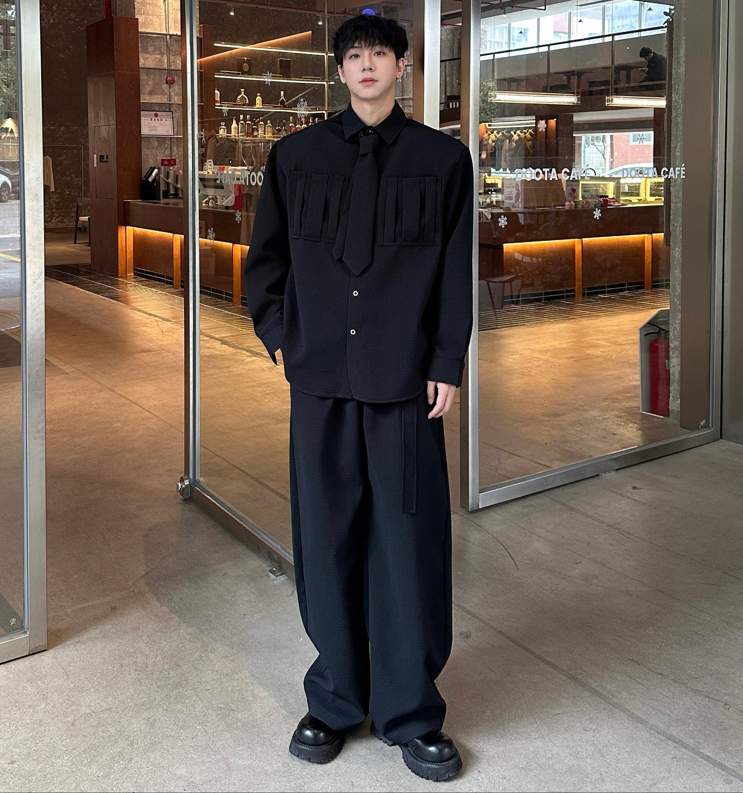 Detachable Tie Shoulder-pad Oversize Long Sleeve Shirt & Wide Leg Trousers Setup WN25242