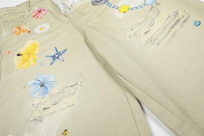 Floral Print Cropped Denim Half Jeans WN25465