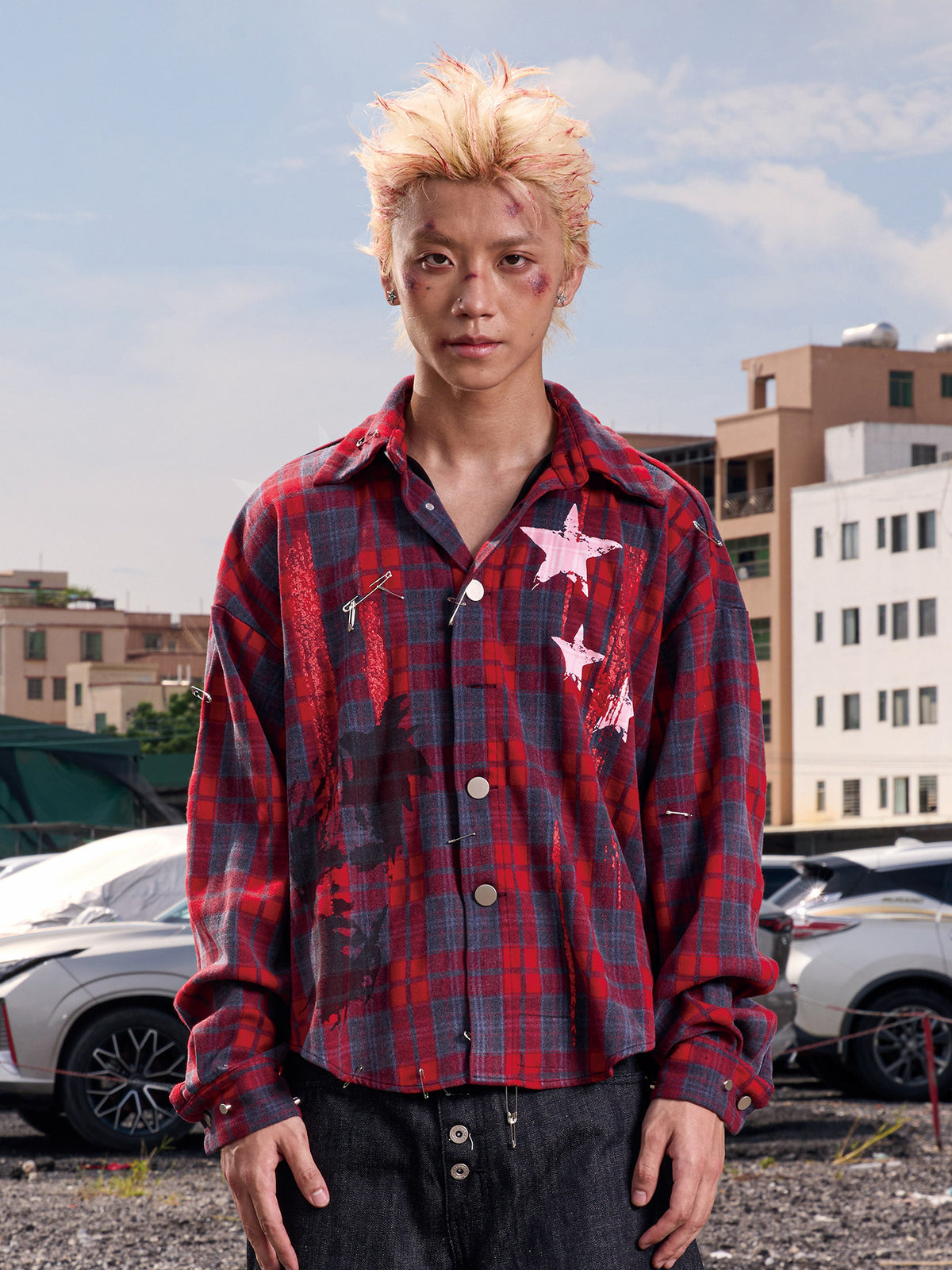 Plaid Star Print Oversize Long Sleeve Shirt WN27099