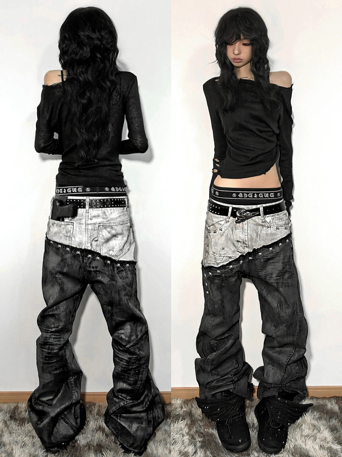 Low-Rise Two-Tone Coated Flare Denim Jeans WN27414