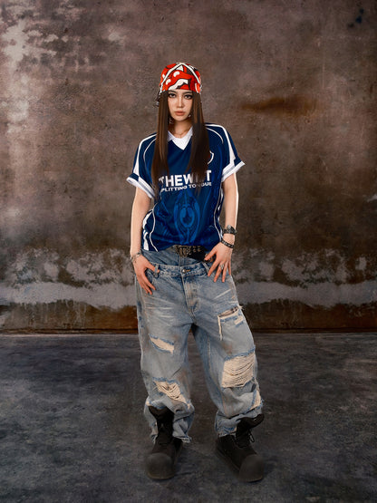 Wide Leg Damage Double Waist Denim Jeans WN26640
