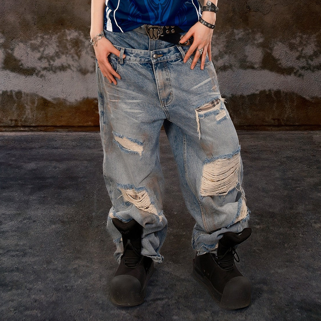 Wide Leg Damage Double Waist Denim Jeans WN26640