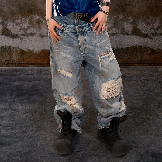Wide Leg Damage Double Waist Denim Jeans WN26640