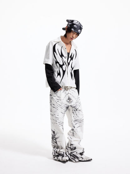 Fake Layered Flame Patch Embroidery Short Sleeve Shirt WN27296