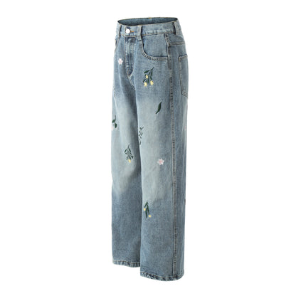 Floral Washed Wide-Leg Straight Denim Jeans WN11084