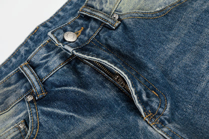 Washed Whisker Damage Wide Leg Denim Jeans WN26008