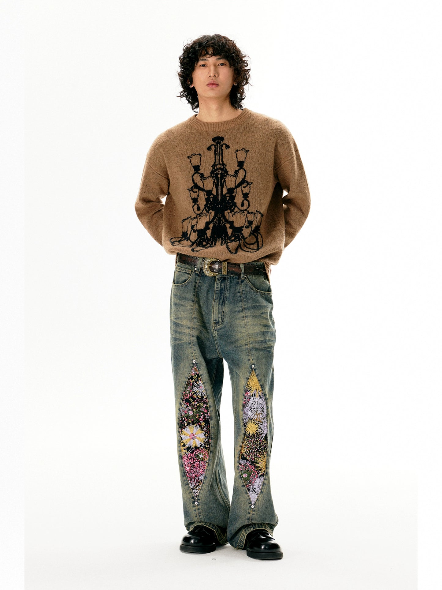 Fireworks Print Washed Denim Jeans WN18972