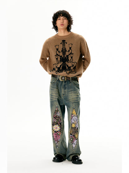 Fireworks Print Washed Denim Jeans WN18972