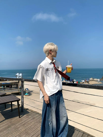 Letter Print Oversize Short Sleeve Shirt WN19918