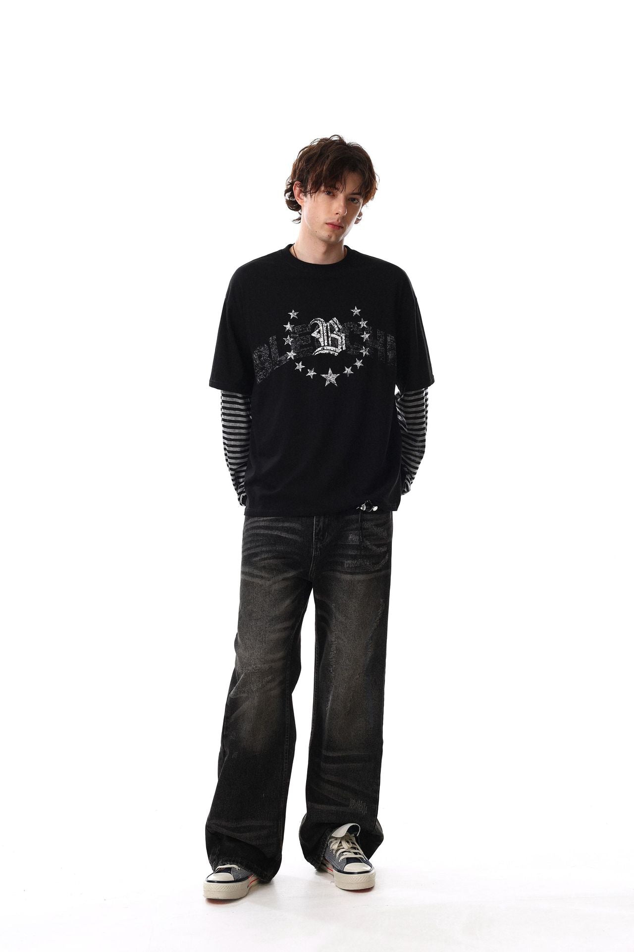 Fake Layered Stripe Star Long Sleeve T-Shirt WN25673