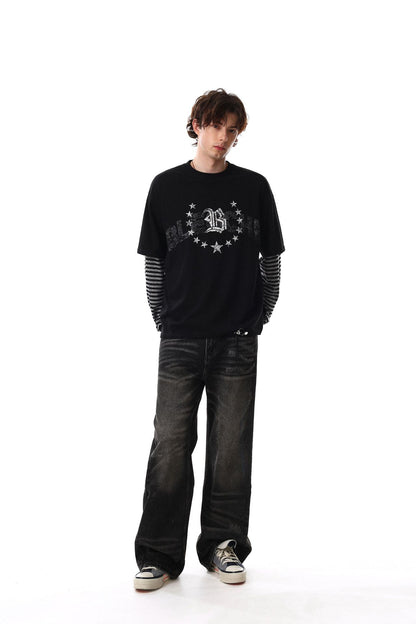 Fake Layered Stripe Star Long Sleeve T-Shirt WN25673