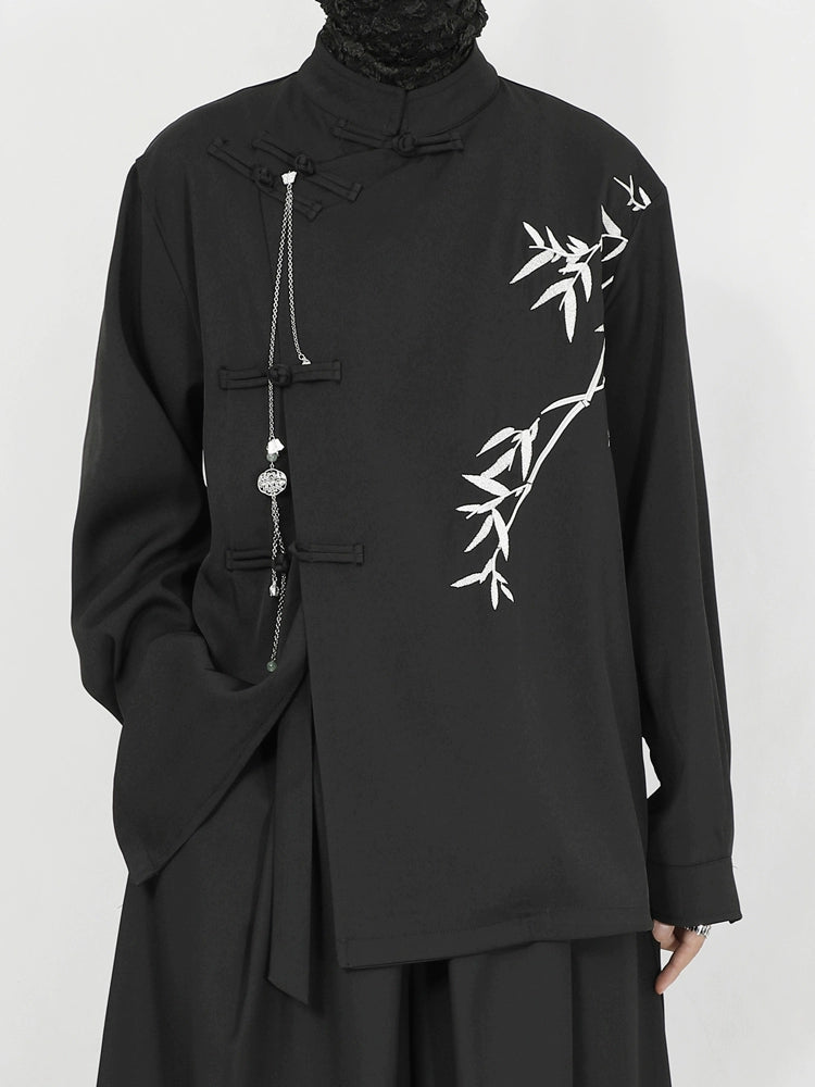 Standing-Collar Frog Button Bamboo Embroidery Long Sleeve Shirt WN20157